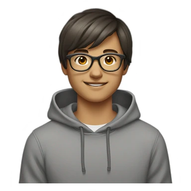 teenager with short dark brown shoulder length hair and bangs and glasses smiling winking gray hoodie sticker