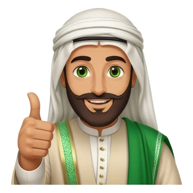"Tanned Arab Saudi man with green eyes and a beard, wearing an agal and traditional attire, smiling happily and giving a big thumbs-up sticker