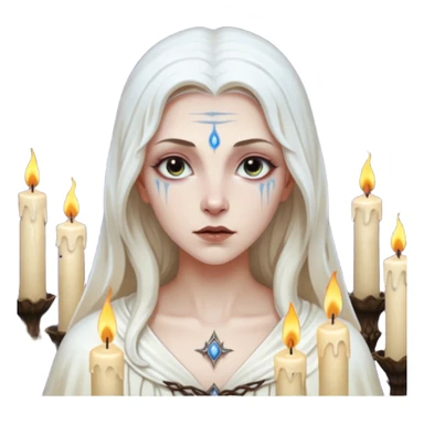 Pale sorceress lit by dozens of candles, wet skin glow, slow seductive gaze, dark fantasy cinema sticker