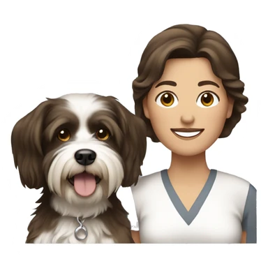 tan middle aged woman with brown hair, with black and white havanese dog sticker