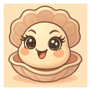 Create a version with even more expressive and luminous eyes, elegant eyelashes, and enhanced pastel, pearly, cream, peach, and greige shades. Keep the large shell, small oyster, pastel toon style, background, and mischievous expression as in the reference image. sticker