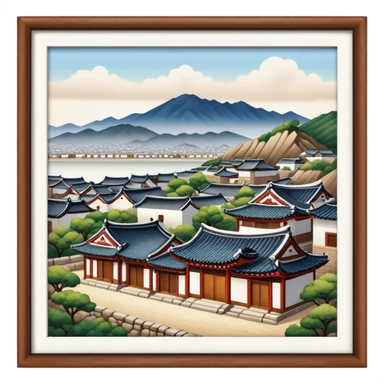 Cinematic Realistic Bukchon Hanok Village Landmark Emoji, depicted with traditional Korean houses set against a scenic backdrop rendered with detailed textures and warm, inviting lighting. sticker