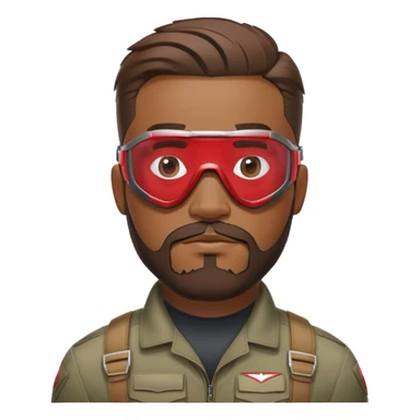 sam wilson with a close to the scalp hair  and  a well-groomed beard that connects to his mustache,  wear sleek, red-tinted tactical goggles fit snugly from captain america: civil war sticker