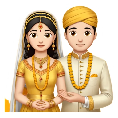 
A yellow sacred thread with two small gold pendants being tied around a bride's neck. The groom's hands are tying the knot while traditional Indian wedding elements like flowers and decorative details are visible in the background. Warm, ceremonial aesthetic. sticker