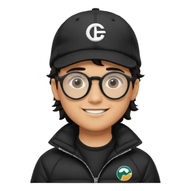 Young man wearing a black puffer jacket, black baseball cap with a small logo, round black glasses, wavy hair peeking out from under the cap, smiling. use dropcourse logo for cap and colouring for the puffer jacket sticker