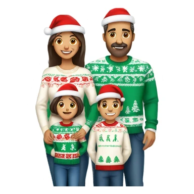 A mexican family of four members with Dad, Mom, Son, and daughter. All wearing Christmas sweaters and Santa hats.  sticker