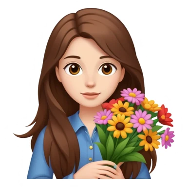cool girl with long brown hair and fair skin tilting her head to the side while holding a bouquet of flowers sticker