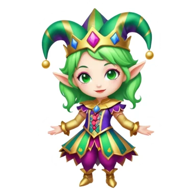 Cinematic chibi style girl in dressed like a Jester, Ultra realistic 32k HD, Breathtaking piece of art, rim lighting, hauntingly beautiful art, vibrant colors, Balanced features, highly detailed digital artwork, glowing with silver light, glowing, high shine, deviant adoptable, highly detailed clothing, remembrance, a painting of white silver, fanciful, enchanting, ghostly, embodying the essence of both reality and fantasy, dreamy, dreamy glow, optical illusion, immaculate composition, complex pose, air composition. The image is so lifelike that it feels as though it could leap off the canvas at any moment sticker