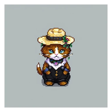 pixel art farm cat with straw hat and boots, field background sticker
