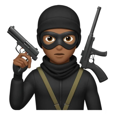 A young African male wearing a ski mask in full black clothing, holding a micro Draco gun in the air carelessly sticker