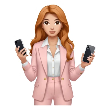pale skin Kim Kardashian with ginger wavy long Hair, light pink  Spacious classical jacket, light pink palazzo Arrow pants and white blouse holding white IPhone 15 pro in the hands sticker