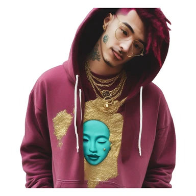 Vintage grunge patina intricate swirls gold jewellery baroque golden sparkle tropical Deep pink maroon burgundy cyan dark hoodie man dyed hair gold piercings nose piercing ear piercings sticker