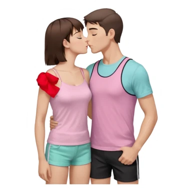 A couple, mid-20s, standing close and kissing. Man: short brown hair, clean-shaven, wearing a plain pastel pink t-shirt and dark shorts. His left arm is wrapped around the woman’s waist. Woman: long straight brown hair, wearing a black sleeveless glittery top with thin straps and a black skirt.  sticker