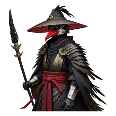 A fierce Kenku samurai with sleek black feathers, piercing crimson eyes glowing under the shadow of his straw hat. His sharp beak is partially covered by a black cloth mask, adding to his air of mystery. He wears layered black and crimson armor, intricate silver engravings etched into the metal plates. A long, tattered cloak billows behind him, worn from countless battles. His clawed hands grip the hilt of a curved katana, its polished blade reflecting the moonlight. Wisps of mist swirl around his taloned feet as he stands motionless sticker