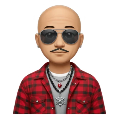 bald mexican cholo with black og sunglasses a silver necklace witth h engraved on emblem and flannel shirt sticker