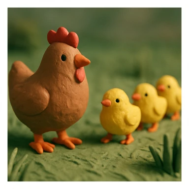 hen and chicks walking in grass, soft lighting, hand-molded details sticker