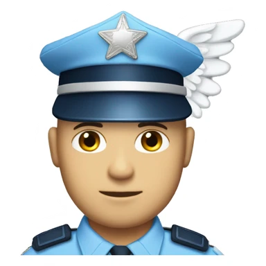 A WHITE Police man bald with blue uniform and cap with Big ANGEL WINGS sticker