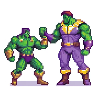 Hulk vs Thanos battle scene, green muscular superhero fighting purple villain with Infinity Gauntlet, action poses sticker
