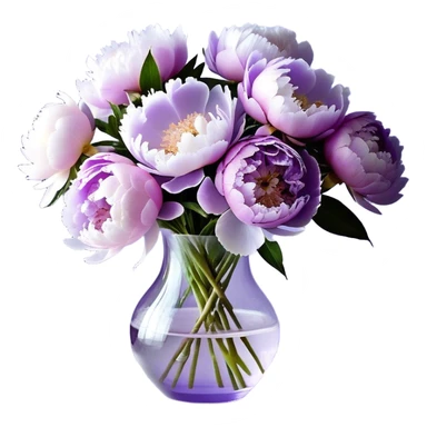 "A bouquet of peonies in soft shades of light purple, lilac, and icy lavender is arranged in a delicate, translucent glass vase with a pale violet tint. The petals, gently layered and slightly ruffled, spill over the edges, creating a sense of fullness. A silky, pastel purple ribbon is tied around the vase, with its ends cascading down in soft folds."
 sticker