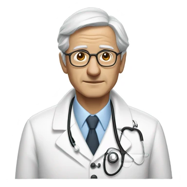 "An older man with thin, neatly combed gray hair, a sharp nose, and a cold, analytical look. He wears a pristine white coat, thin glasses, and carries a stethoscope or medical bag." sticker