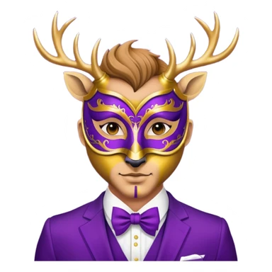 a man, with a purple suit,  wear half-face golden Deer masquerade mask sticker