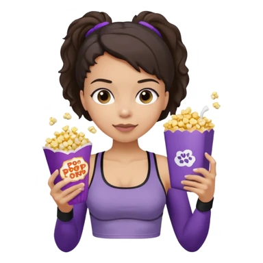 Brunette light skin girl with completely black sports bra and grey sweatpants on her phone while eating popcorn from a purple popcorn bag sticker