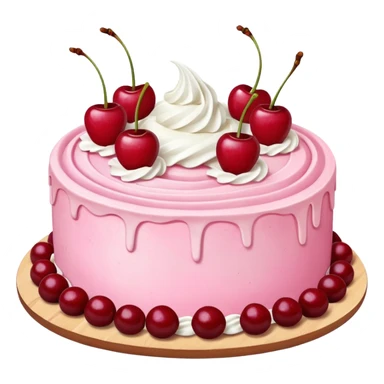 Round pink frosted cake with textured buttercream sides, placed on a plate cake board.
White whipped cream swirls on top, each topped with glossy red cherries with stems, clean studio lighting, isolated background, realistic minimal smooth emoji-style. sticker
