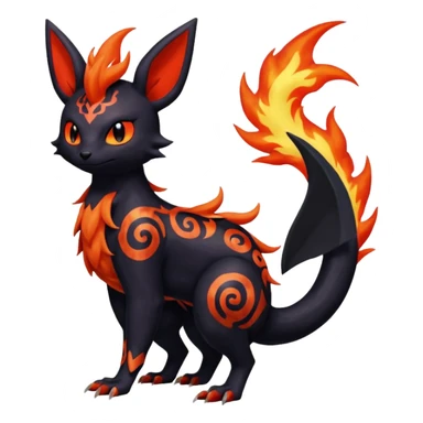 Shiny Fiery Dark Ugly Evil Realistic Glowing Eldritch Horror Cool Edgy Badass Emo Glorious Demonic Batty Dusky Ethereal Sparkly Shimmering Magical Punky Aural Iridescent Fluorescent Bioluminescent Litten-Amaura-Salandit-Noibat-Flareon-Fakémon-fusion (full body) with intricate pattern markings sticker