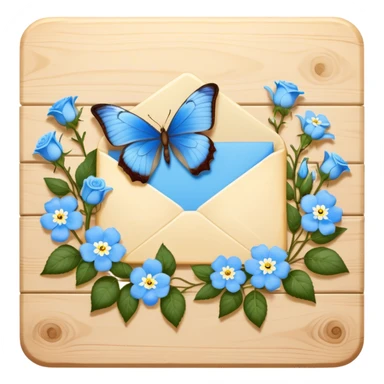 An intimate vignette of a golden wax-sealed letter placed on a vintage wooden desk, with a pair of blue butterflies hovering around a bouquet of soft ivory roses and baby blue forget-me-nots. sticker