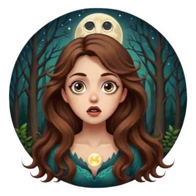 shocked forest mystic woman long wavy brown hair tattoos wide eyes moon glow sticker