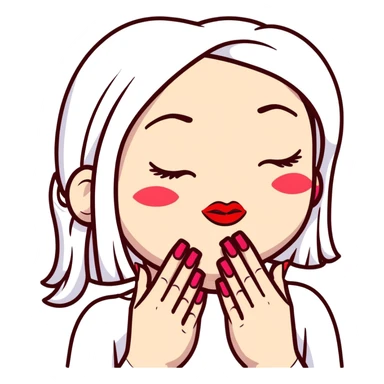 A cute face with closed eyes that form upward curved lines, eyelashes, pursed lips with lipstick, and a hand gesture with only the thumb out while other fingers are closed, all nails painted sticker