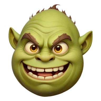 Cinematic Comical Ogre Portrait Emoji, with a strikingly exaggerated, bulky figure in vivid earthy greens and browns, head tilted in a dramatically surprised expression with wide, comically bulging eyes and a goofy, oversized grin, simplified yet hilariously exaggerated, highly detailed with a soft, cartoonish glowing outline capturing the playful absurdity of a meme-worthy ogre! sticker