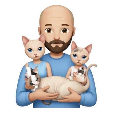A couple, a man and a woman. The man, who is bald with a beard and wearing a blue shirt, is holding a Siamese cat in his arms. The woman, who has light hair and is wearing a white dress, is holding a white Sphynx cat in her arms sticker