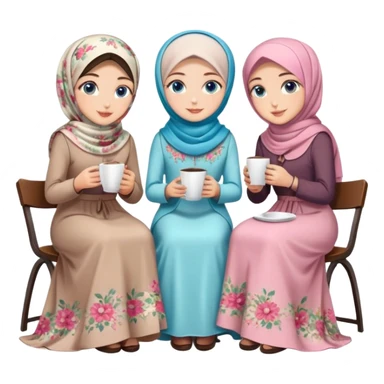 Turkish beautiful finish Konya girls blue eyes with floral Beauty hijab long tail dress and the two friends sits on the chair on the ground and holds cup coffe with her hand  sticker