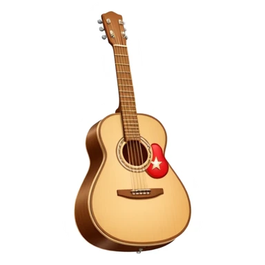 “Flat vector icon of a Cuban tres guitar in three-quarter view, warm brown, thick outline, centered on a warm cream or beige rounded-square (or circle); near the soundboard add a small red or pink heart with a soft glow and 2–3 tiny sparkles to suggest ‘soul’.  sticker