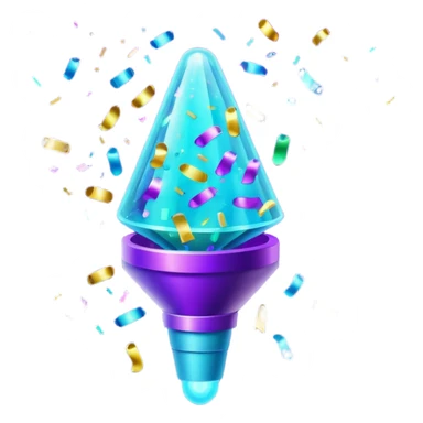 Futuristic glowing confetti popper emoji, holographic purple and cyan colors, emitting confetti and sparkles, dark background, vibrant celebration atmosphere, no face. sticker