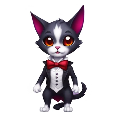 Cute-Evil-Vampiric-Batty-Cat-Black-Purple-Red-White-Contrast-Colors-Fantasy-Fur-Sona-Chibi-Shiny-Fakémon-Hybrid with horns and big fangs neck bow white tie leg spats full body sticker