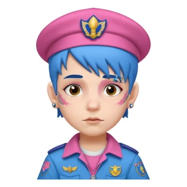 scout boy with very pink scout uniform, blue haired and hat, heavy face tattoed sticker