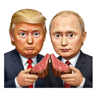 photorealistic Donald Trump and Putin eating a steak shaped like an piece of land sticker