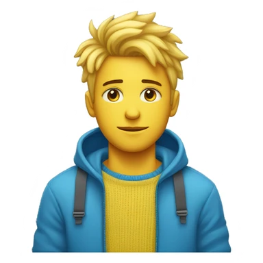 Garçon choqué aux cheveux et yeux bleu qui porte un pull bleu avec une étoile jaune sur un côté du pull sticker