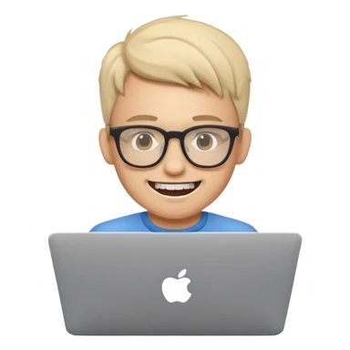 geeky software engineer with glasses and protruding teeth, typing on a laptop, simple, clear emoji style sticker
