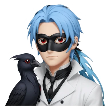 Handsome sexy adult anime man with light-blue hair and a black bird beak mask that covers whole face, black face mask, black mouth mask, black feathers draped over shoulder, wearing a white lab coat, long thin hair tendrils on the sides, with a mechanical raven sidekick, blue cravat, red eyes sticker