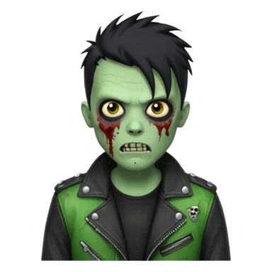 Hombre zombie de piel verde con chaqueta de cuero punk, pelo negro sticker