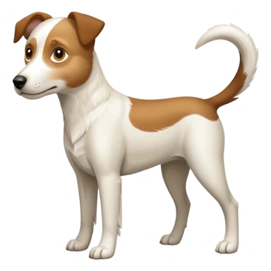a full body large white parson russell looking dog the size of a kelpie with light brown flapped down ears and a light brown patch on one eye and a large snout sticker