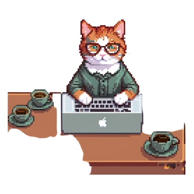 redhead cat with glasses working on a MacBook, surrounded by coffee cups, busy vibe, pixel art style sticker