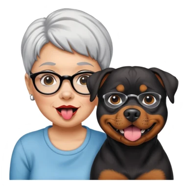 Pitt bull rottweiler white muzzle with black spots tongue out next to older woman with short silver hair sticker