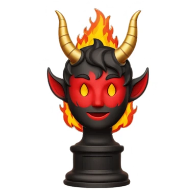 Minimalist emoji-style sticker of an Oscar-like statue with horns and fire at the base, thick black and red colors, silhouette style sticker