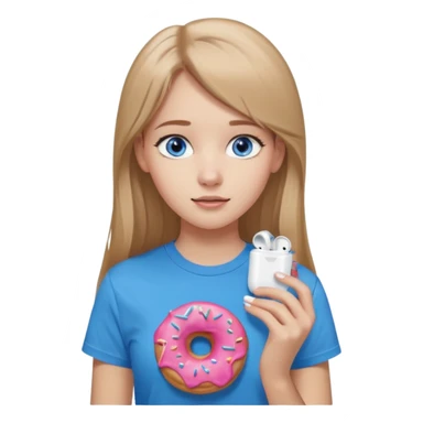 una ragazza dall‘ età di 19 anni con capelli biondo scuro lunghi e lisci ,  occhi celesti,  con addosso una maglietta con una ciambella e le cuffie airpods (bianche) ascoltando violetta sticker