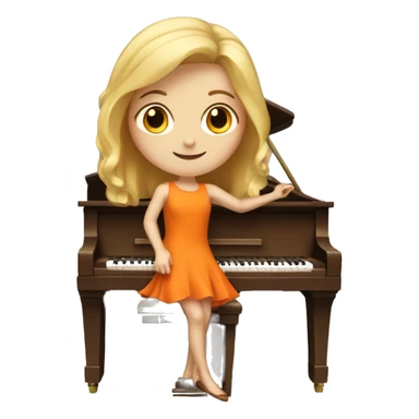 Blonde girl wearing an orange dress playing a brown upright piano sticker