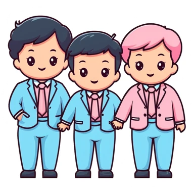 triplet toddlers with two girls in pastel pink clothes on each side and a boy in pastel blue suit in the middle sticker